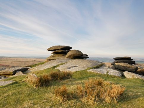 Stone cairns on Bodmin Moor in Cornwall.