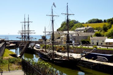 Ships anchored at Charlestown harbour in Cornwall.