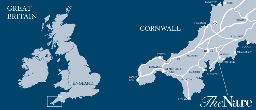 A map of Great Britain and a map of Cornwall showing where The Nare is located.