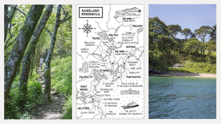 An illustrated map of the Roseland, Cornwall.