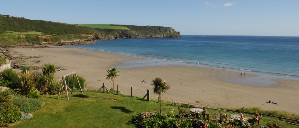 Carne Bay, with its beautiful beach, and the hotel gardens looking down at the sea.