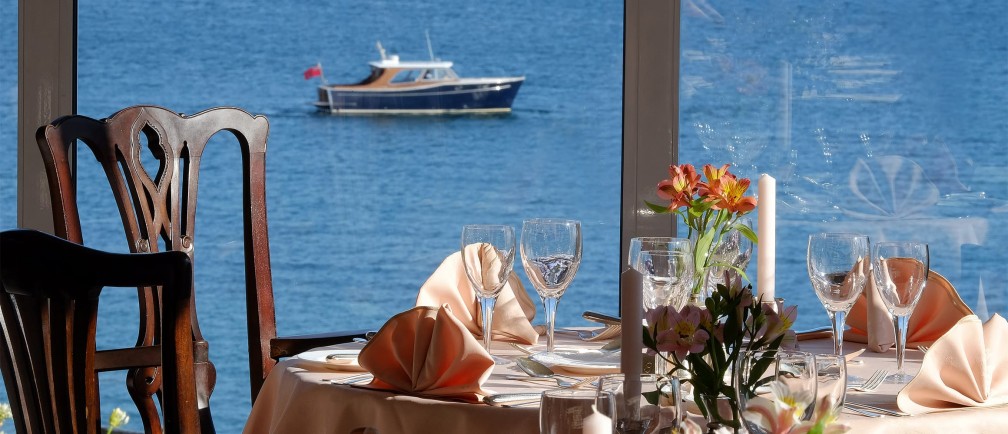 The dining room at The Nare hotel in Cornwall, with wonderful sea views.