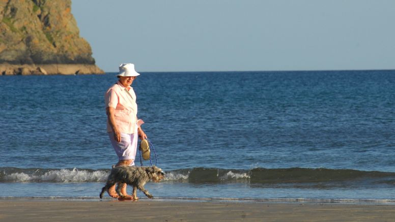 A woman walks her dog along Carne Beach, south Cornwall.