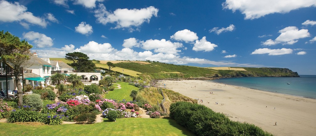 The gardens at The Nare hotel and the beach it overlooks.