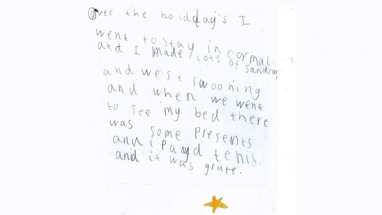 A child's handwritten note about their holiday at The Nare Hotel