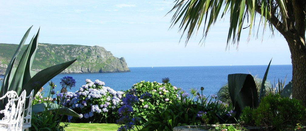 The view of Carne Bay, the beach and Nare Head from The Nare hotel.
