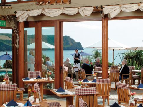 The Quarterdeck restaurant at The Nare in Cornwall, with sea views.