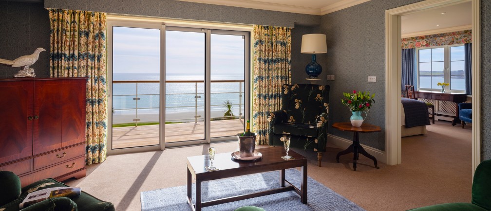 The stunning sea-views from a very spacious Grand Suite at The Nare Hotel 
