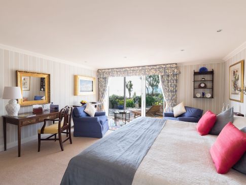 A room at The Nare, a hotel in Cornwall, with sea views.