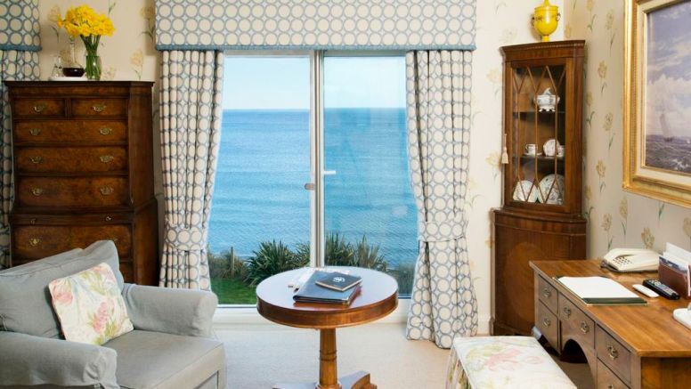 Views of the sea from the living area of a room at beachside hotel The Nare.