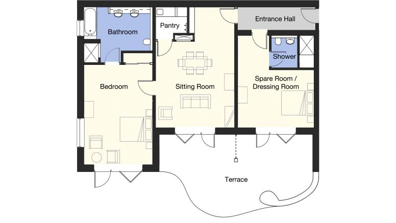 Floor plan of a typical Whittington Suite at The Nare Hotel