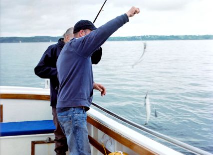 Two fishermen reel in a catch.