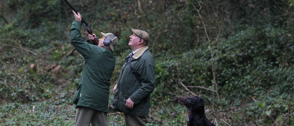 A man aims his shotgun while his companion and two dogs wait expectantly.