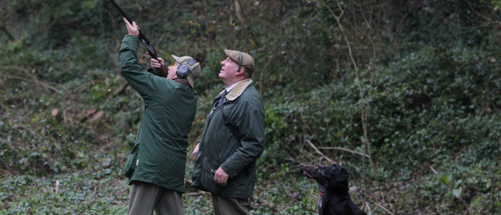 A man aims his shotgun while his companion and two dogs wait expectantly.