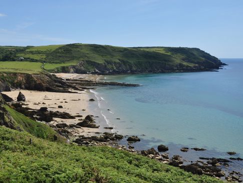 View from the coast path overlooking Hemmick Beach