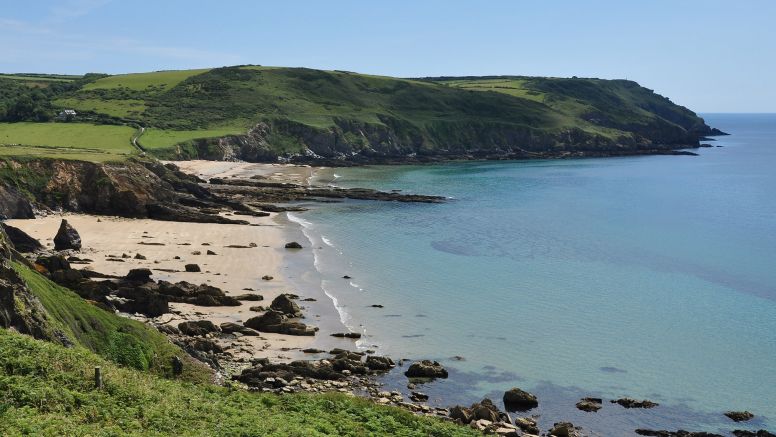 View from the coast path overlooking Hemmick Beach